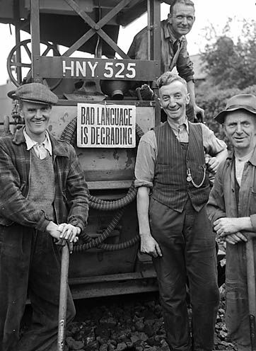 Geoff Charles (photojournalist) “Bad Language is Degrading” sign on a steam roller in Pontardawe